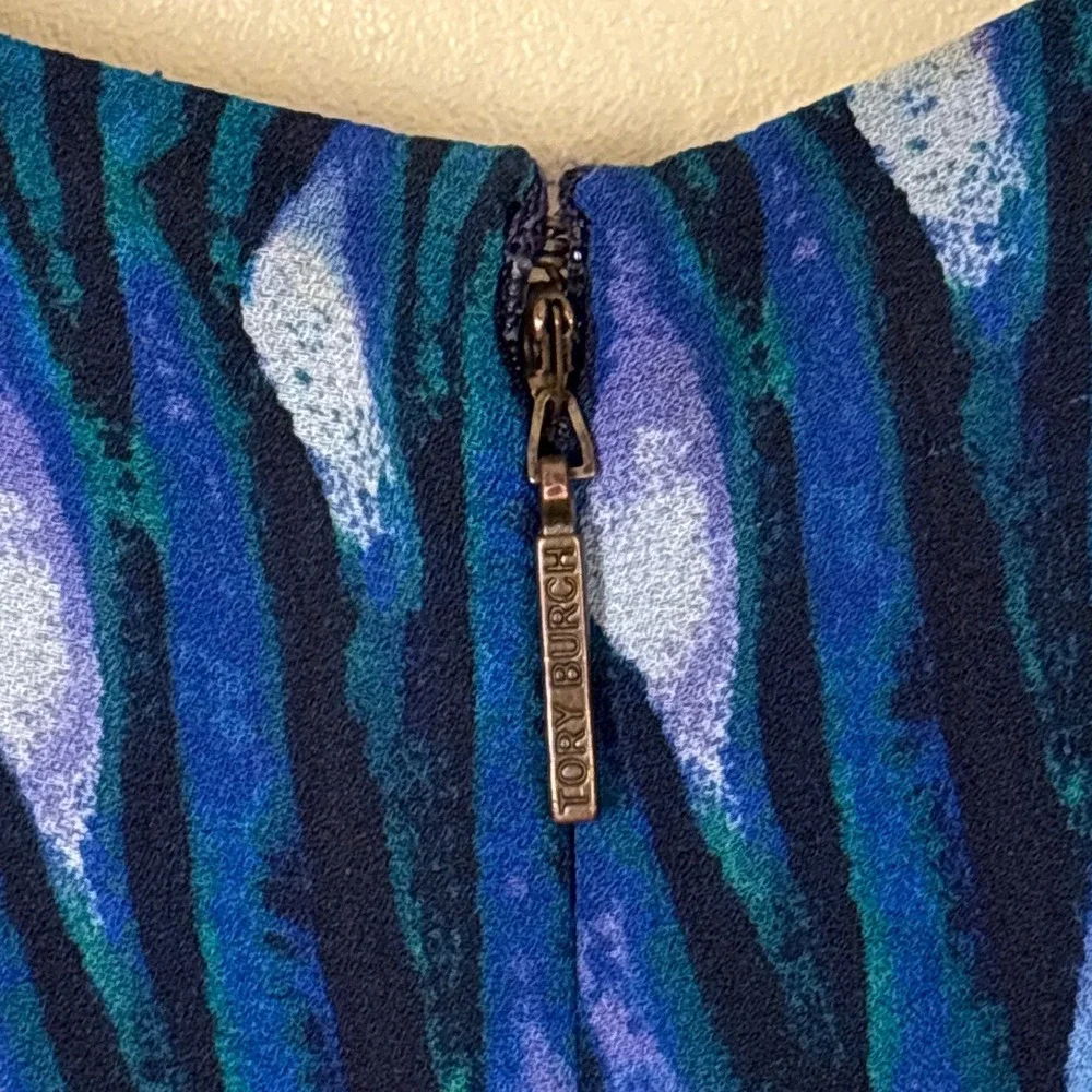 TORY BURCH 100% Silk Dress‎ Size 2 Blue Green Watercolor Short Sleeve Cocktail